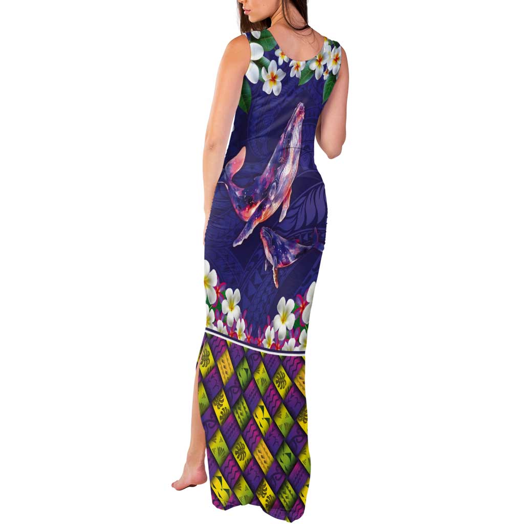 Hawaiian Plumeria and Humpback Whales Tank Maxi Dress Polynerian Art Tattoo-Navy Color LT03 - Polynesian Pride