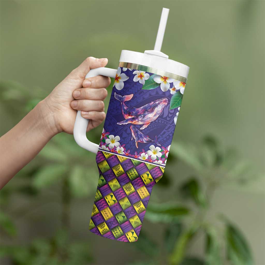 Hawaiian Plumeria and Humpback Whales Tumbler With Handle Polynerian Art Tattoo-Navy Color