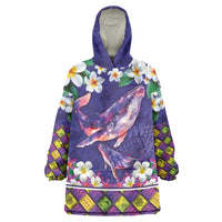 Hawaiian Plumeria and Humpback Whales Wearable Blanket Hoodie Polynerian Art Tattoo-Navy Color LT03 One Size Navy - Polynesian Pride