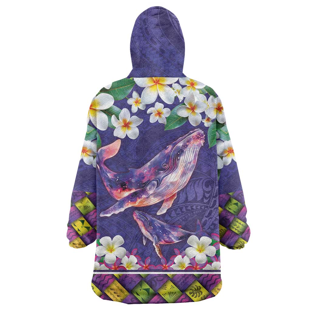 Hawaiian Plumeria and Humpback Whales Wearable Blanket Hoodie Polynerian Art Tattoo-Navy Color LT03 - Polynesian Pride