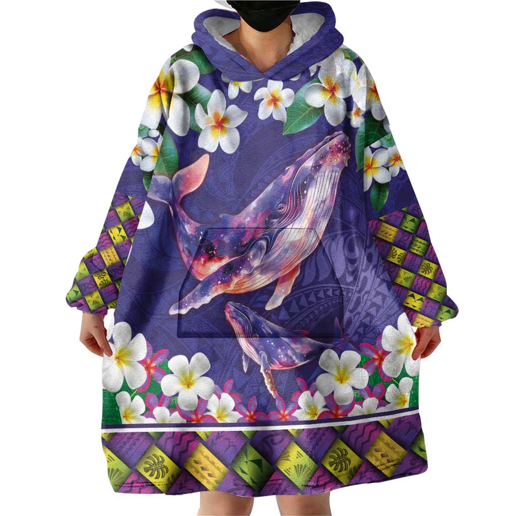 Hawaiian Plumeria and Humpback Whales Wearable Blanket Hoodie Polynerian Art Tattoo-Navy Color LT03 - Polynesian Pride