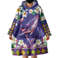 Hawaiian Plumeria and Humpback Whales Wearable Blanket Hoodie Polynerian Art Tattoo-Navy Color LT03 - Polynesian Pride