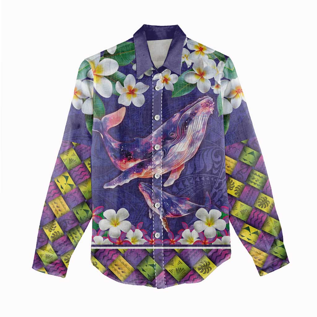 Hawaiian Plumeria and Humpback Whales Women Casual Shirt Polynerian Art Tattoo-Navy Color LT03 - Polynesian Pride