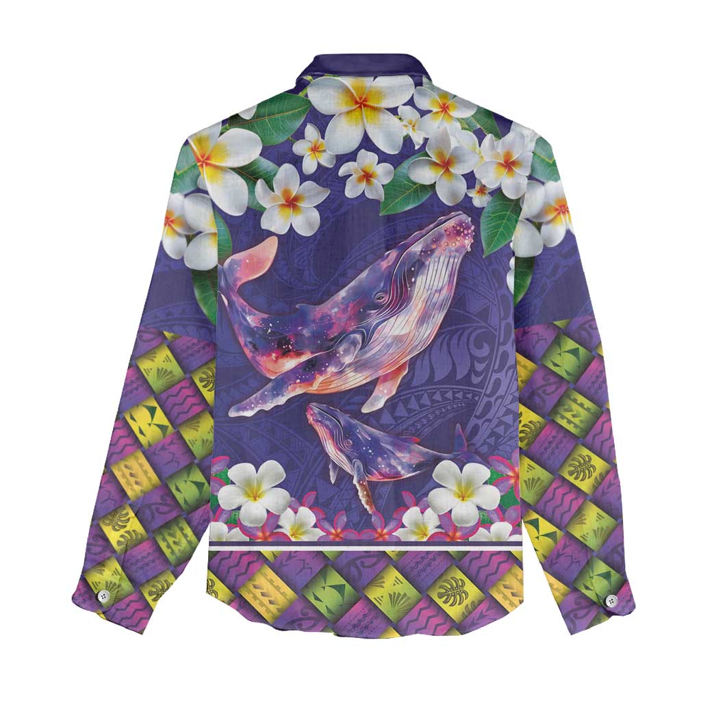 Hawaiian Plumeria and Humpback Whales Women Casual Shirt Polynerian Art Tattoo-Navy Color LT03 - Polynesian Pride