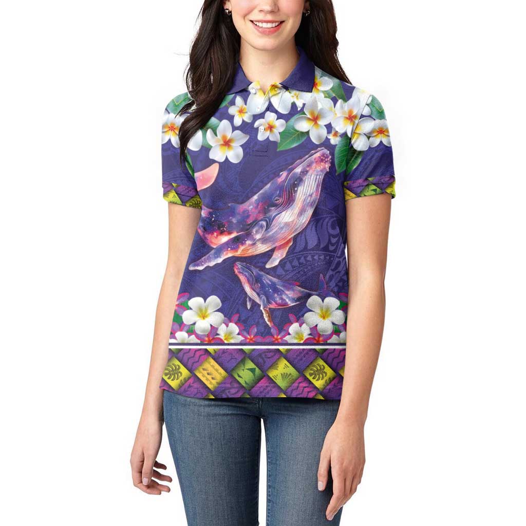 Hawaiian Plumeria and Humpback Whales Women Polo Shirt Polynerian Art Tattoo-Navy Color LT03 - Polynesian Pride