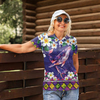 Hawaiian Plumeria and Humpback Whales Women Polo Shirt Polynerian Art Tattoo-Navy Color LT03 - Polynesian Pride