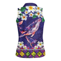 Hawaiian Plumeria and Humpback Whales Women Sleeveless Polo Shirt Polynerian Art Tattoo-Navy Color LT03 - Polynesian Pride