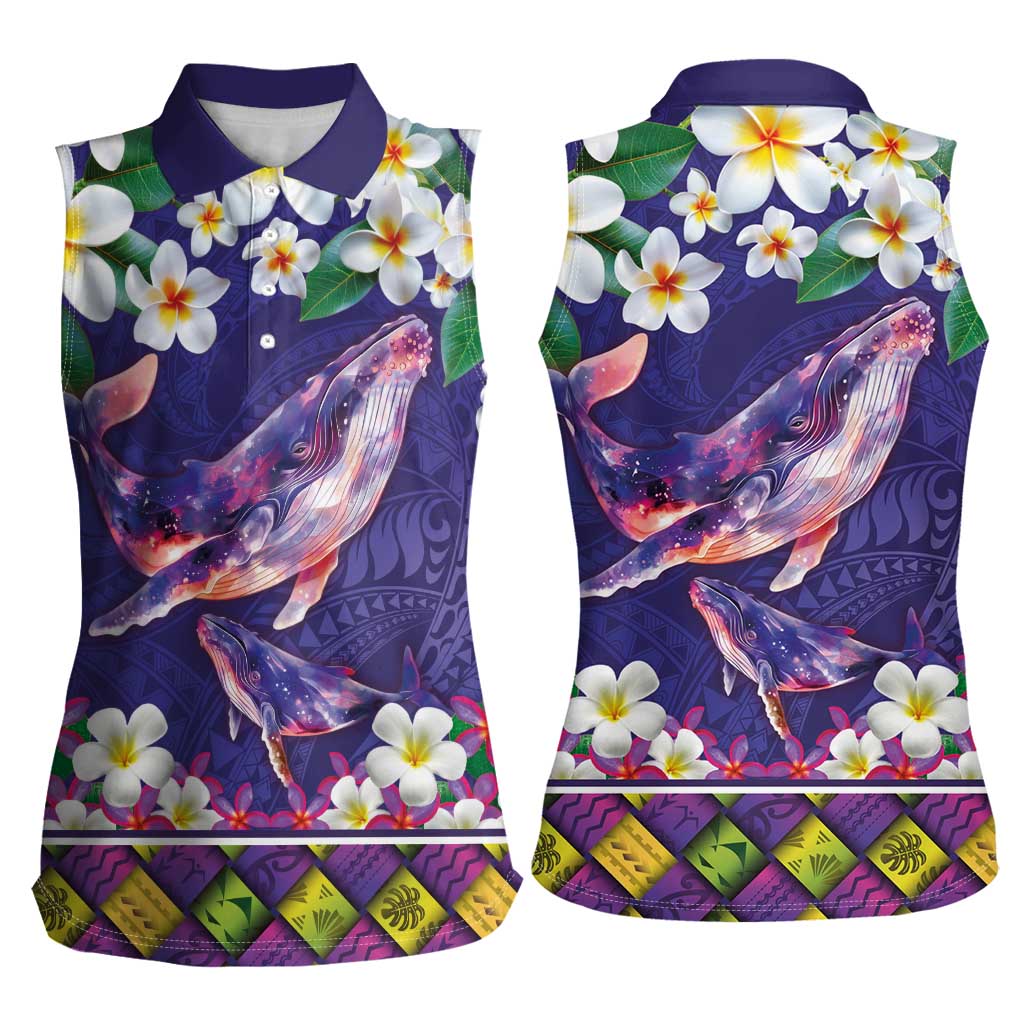 Hawaiian Plumeria and Humpback Whales Women Sleeveless Polo Shirt Polynerian Art Tattoo-Navy Color LT03 - Polynesian Pride