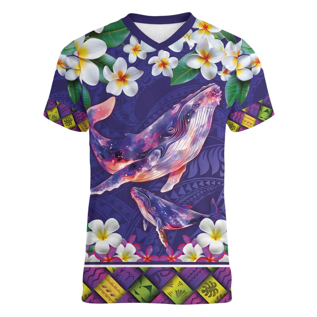 Hawaiian Plumeria and Humpback Whales Women V-Neck T-Shirt Polynerian Art Tattoo-Navy Color LT03 Female Navy - Polynesian Pride