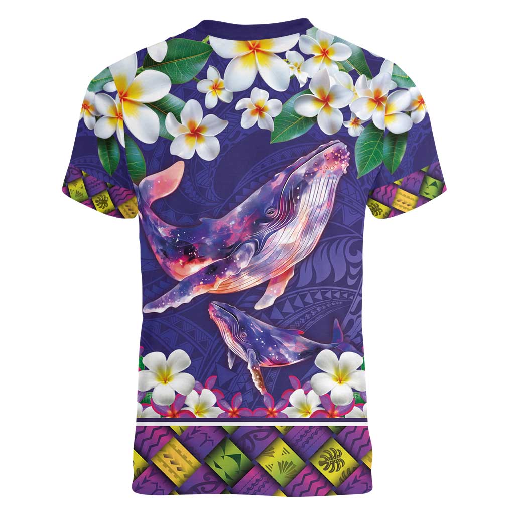 Hawaiian Plumeria and Humpback Whales Women V-Neck T-Shirt Polynerian Art Tattoo-Navy Color LT03 - Polynesian Pride