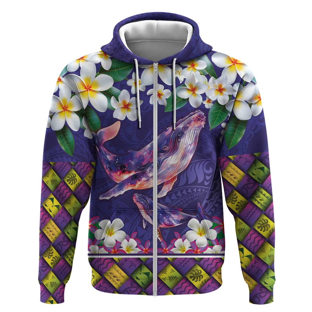 Hawaiian Plumeria and Humpback Whales Zip Hoodie Polynerian Art Tattoo-Navy Color LT03 Zip Hoodie Navy - Polynesian Pride