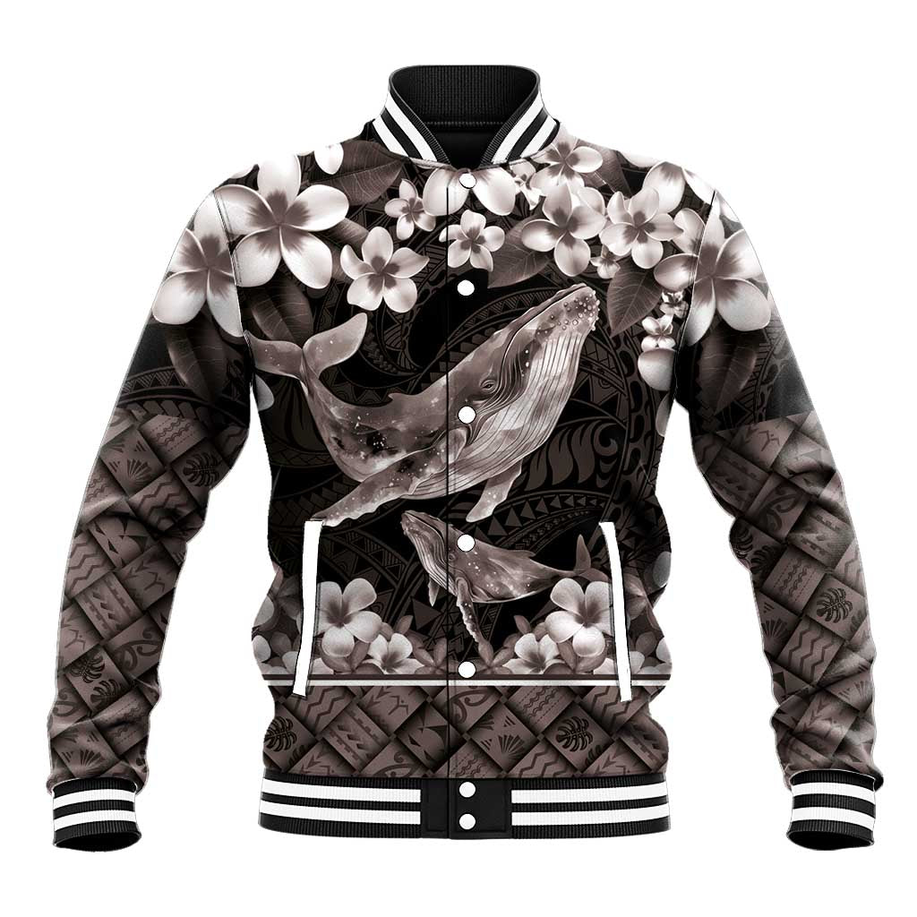 Hawaiian Plumeria and Humpback Whales Baseball Jacket Polynerian Art Tattoo-Grayscale Mode