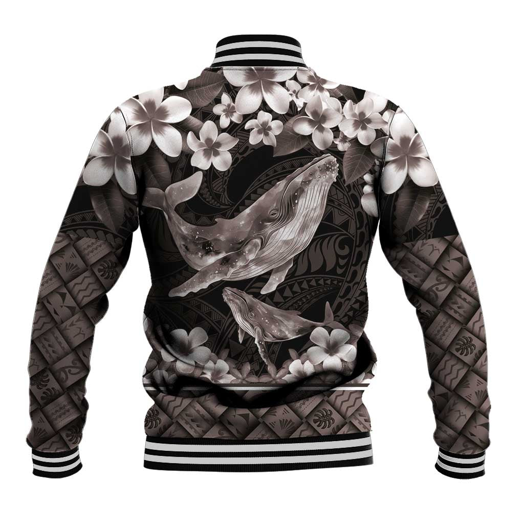 Hawaiian Plumeria and Humpback Whales Baseball Jacket Polynerian Art Tattoo-Grayscale Mode