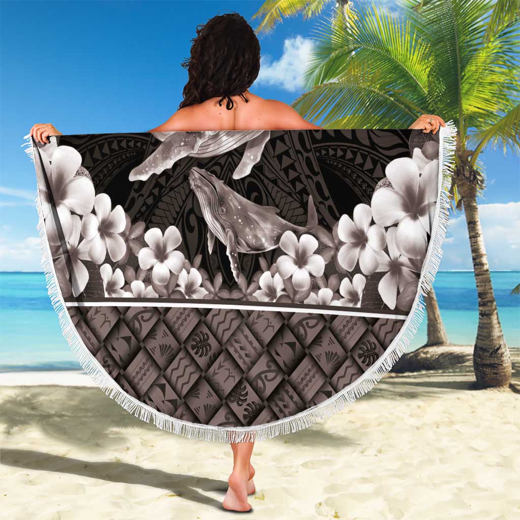 Hawaiian Plumeria and Humpback Whales Beach Blanket Polynerian Art Tattoo-Grayscale Mode LT03 - Polynesian Pride