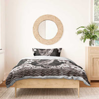 Hawaiian Plumeria and Humpback Whales Bedding Set Polynerian Art Tattoo-Grayscale Mode