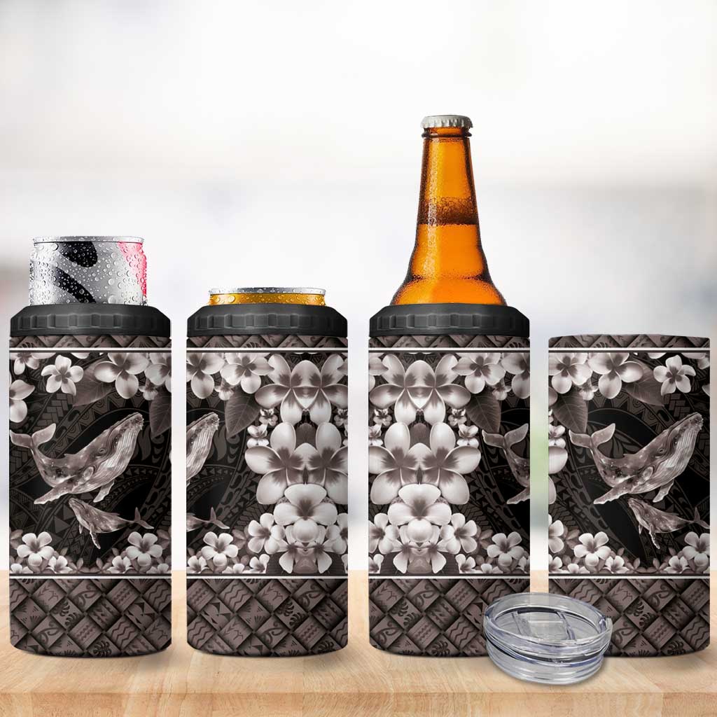 Hawaiian Plumeria and Humpback Whales 4 in 1 Can Cooler Tumbler Polynerian Art Tattoo-Grayscale Mode LT03 - Polynesian Pride