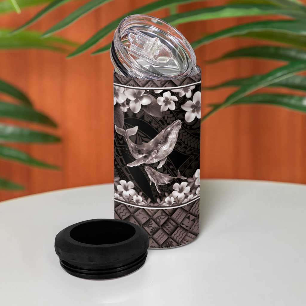 Hawaiian Plumeria and Humpback Whales 4 in 1 Can Cooler Tumbler Polynerian Art Tattoo-Grayscale Mode LT03 - Polynesian Pride