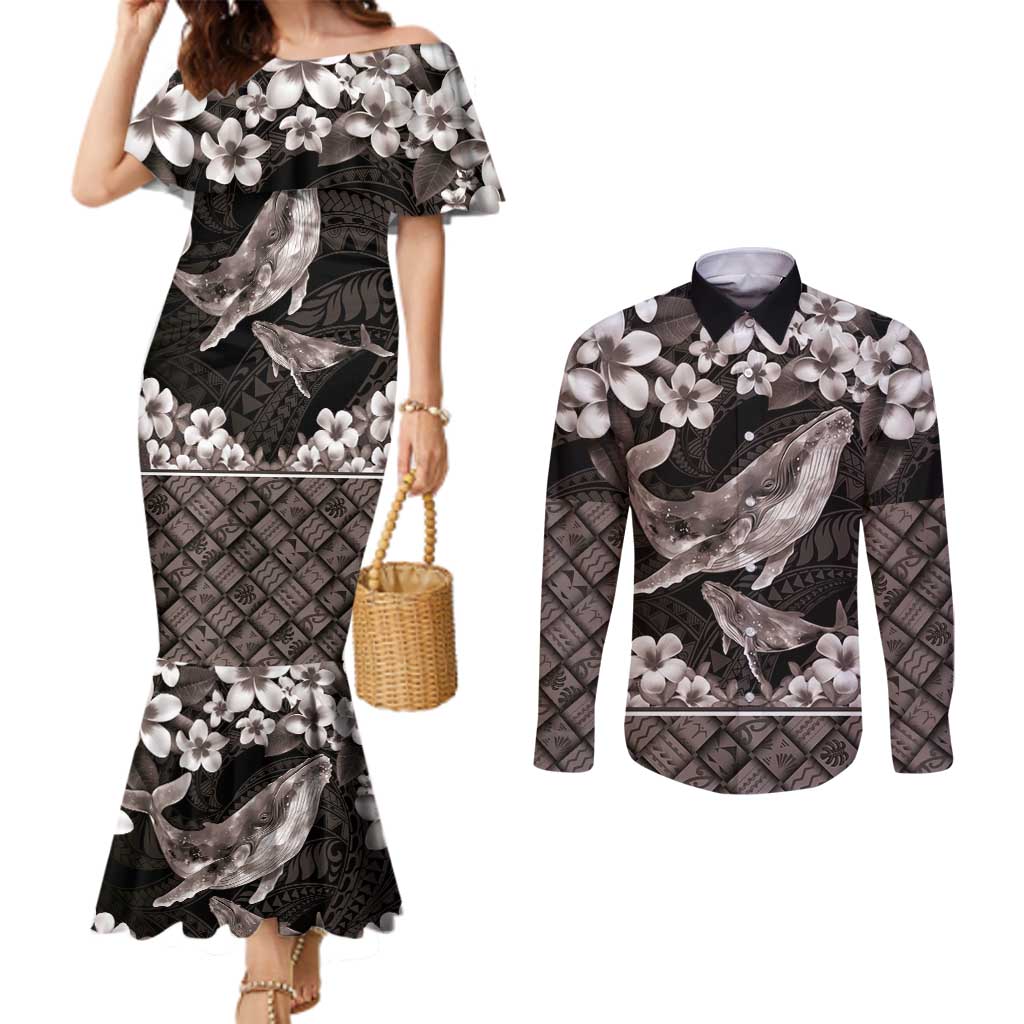 Hawaiian Plumeria and Humpback Whales Couples Matching Mermaid Dress and Long Sleeve Button Shirt Polynerian Art Tattoo-Grayscale Mode