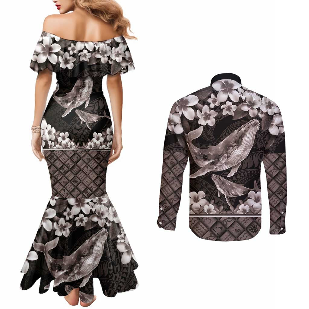 Hawaiian Plumeria and Humpback Whales Couples Matching Mermaid Dress and Long Sleeve Button Shirt Polynerian Art Tattoo-Grayscale Mode