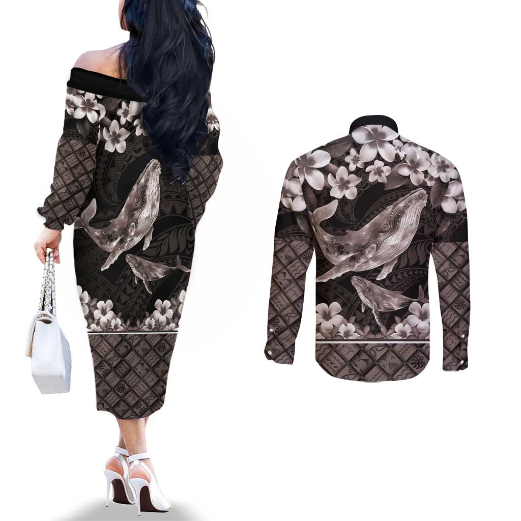 Hawaiian Plumeria and Humpback Whales Couples Matching Off The Shoulder Long Sleeve Dress and Long Sleeve Button Shirt Polynerian Art Tattoo-Grayscale Mode