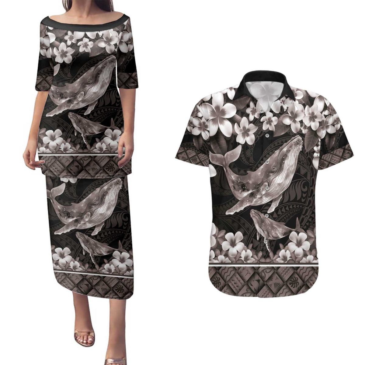 Hawaiian Plumeria and Humpback Whales Couples Matching Puletasi and Hawaiian Shirt Polynerian Art Tattoo-Grayscale Mode LT03 Black - Polynesian Pride