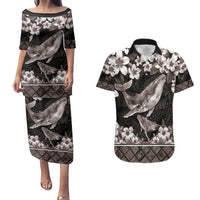 Hawaiian Plumeria and Humpback Whales Couples Matching Puletasi and Hawaiian Shirt Polynerian Art Tattoo-Grayscale Mode LT03 Black - Polynesian Pride