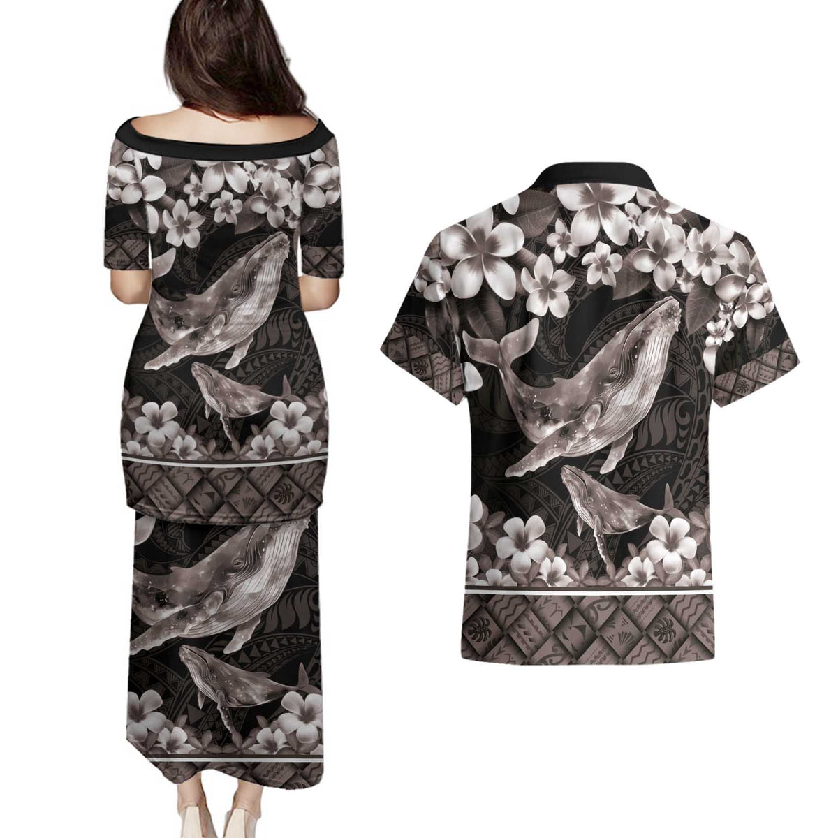 Hawaiian Plumeria and Humpback Whales Couples Matching Puletasi and Hawaiian Shirt Polynerian Art Tattoo-Grayscale Mode LT03 - Polynesian Pride