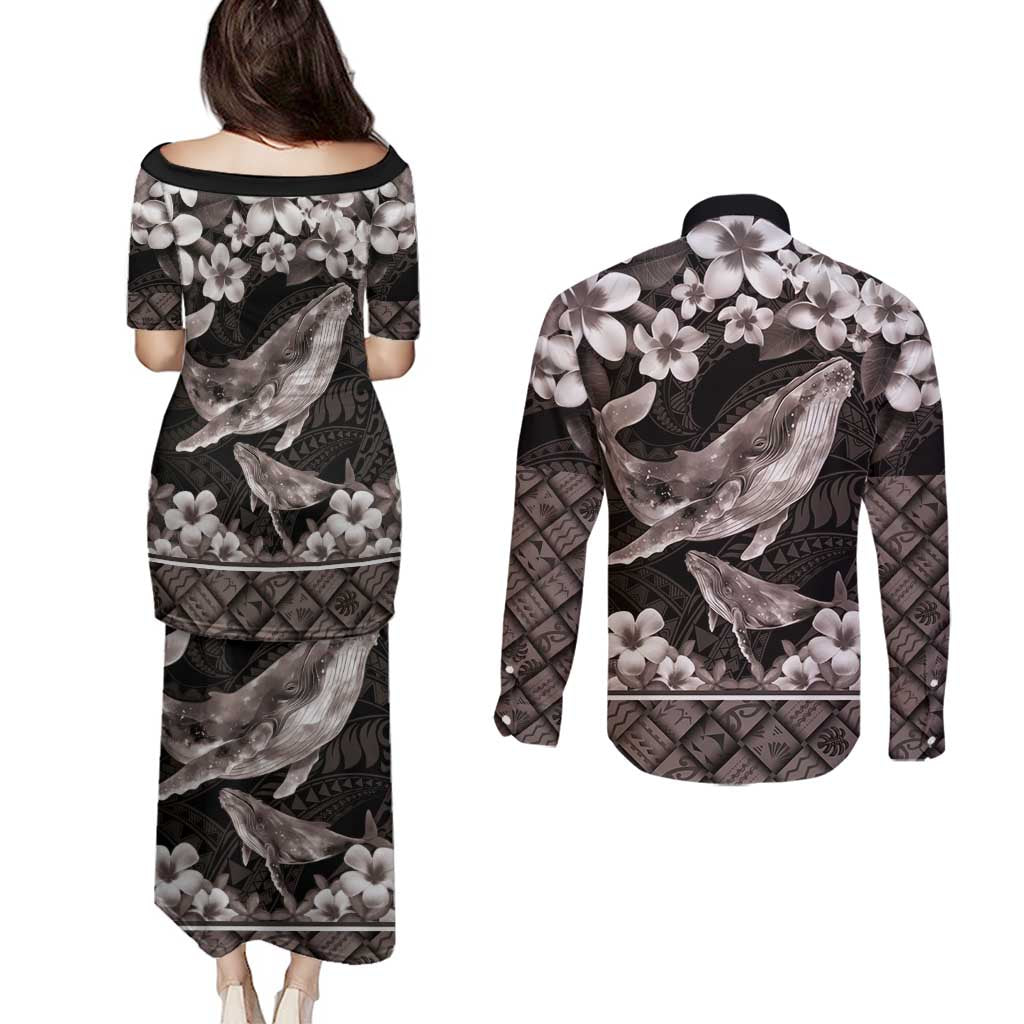 Hawaiian Plumeria and Humpback Whales Couples Matching Puletasi and Long Sleeve Button Shirt Polynerian Art Tattoo-Grayscale Mode LT03 - Polynesian Pride