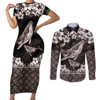 Hawaiian Plumeria and Humpback Whales Couples Matching Short Sleeve Bodycon Dress and Long Sleeve Button Shirt Polynerian Art Tattoo-Grayscale Mode