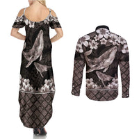 Hawaiian Plumeria and Humpback Whales Couples Matching Summer Maxi Dress and Long Sleeve Button Shirt Polynerian Art Tattoo-Grayscale Mode