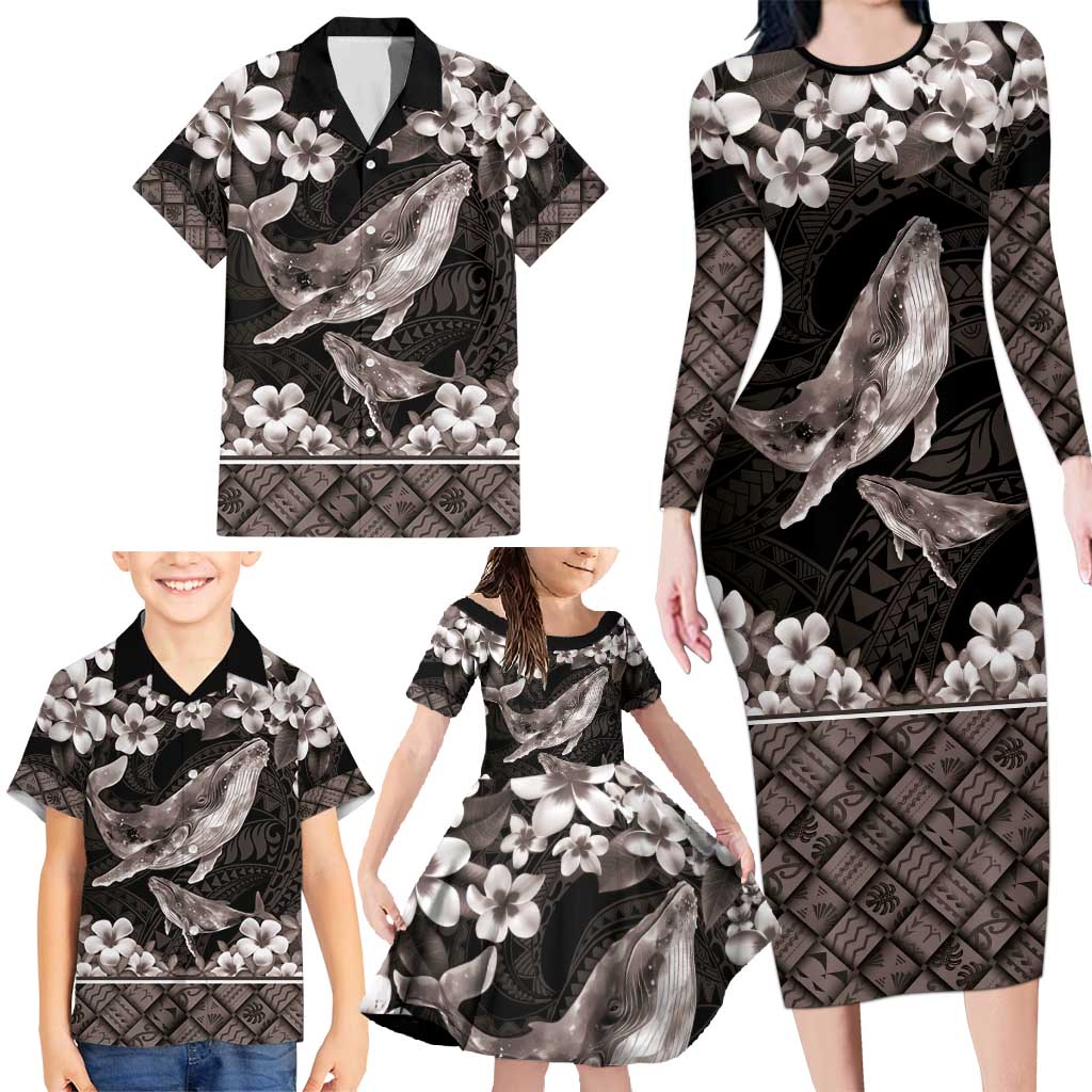 Hawaiian Plumeria and Humpback Whales Family Matching Long Sleeve Bodycon Dress and Hawaiian Shirt Polynerian Art Tattoo-Grayscale Mode