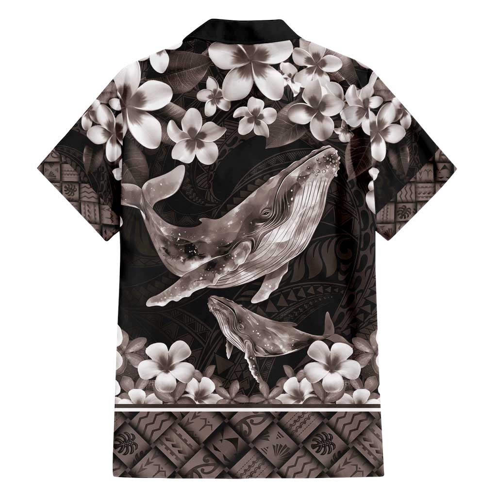 Hawaiian Plumeria and Humpback Whales Family Matching Long Sleeve Bodycon Dress and Hawaiian Shirt Polynerian Art Tattoo-Grayscale Mode
