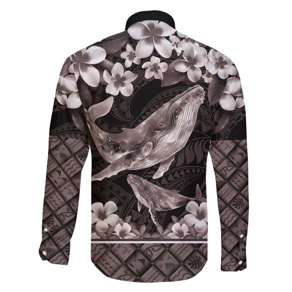 Hawaiian Plumeria and Humpback Whales Family Matching Long Sleeve Bodycon Dress and Hawaiian Shirt Polynerian Art Tattoo-Grayscale Mode