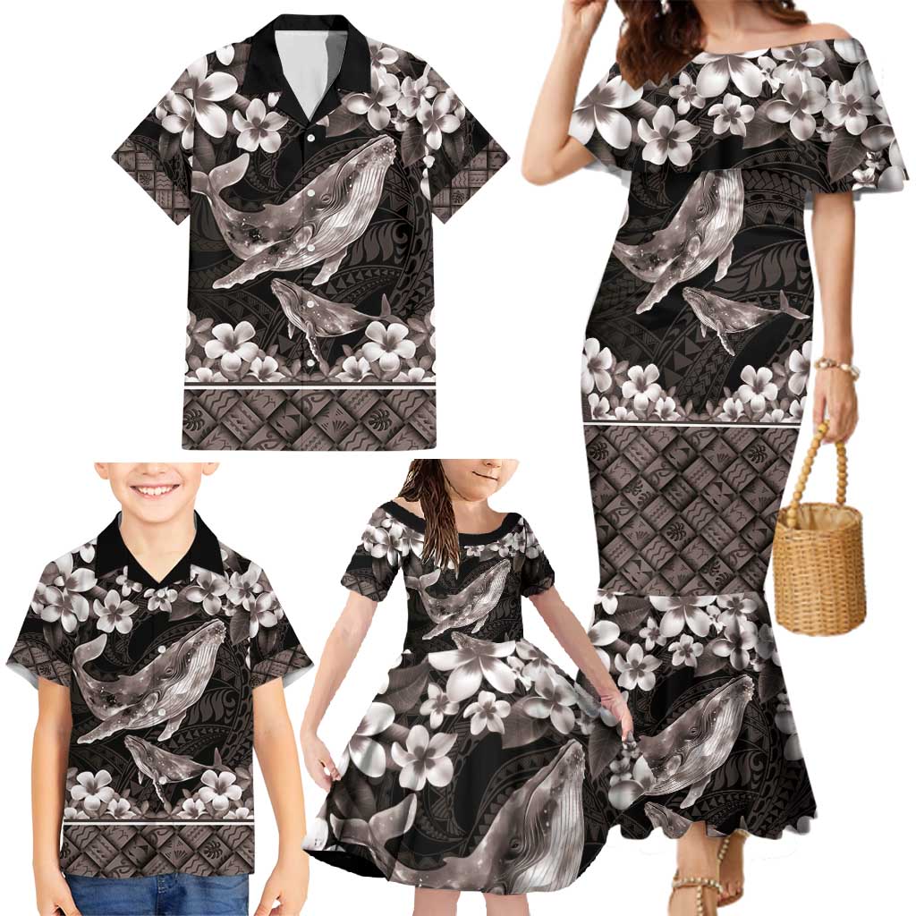 Hawaiian Plumeria and Humpback Whales Family Matching Mermaid Dress and Hawaiian Shirt Polynerian Art Tattoo-Grayscale Mode LT03 - Polynesian Pride