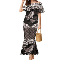 Hawaiian Plumeria and Humpback Whales Family Matching Mermaid Dress and Hawaiian Shirt Polynerian Art Tattoo-Grayscale Mode LT03 Mom's Dress Black - Polynesian Pride