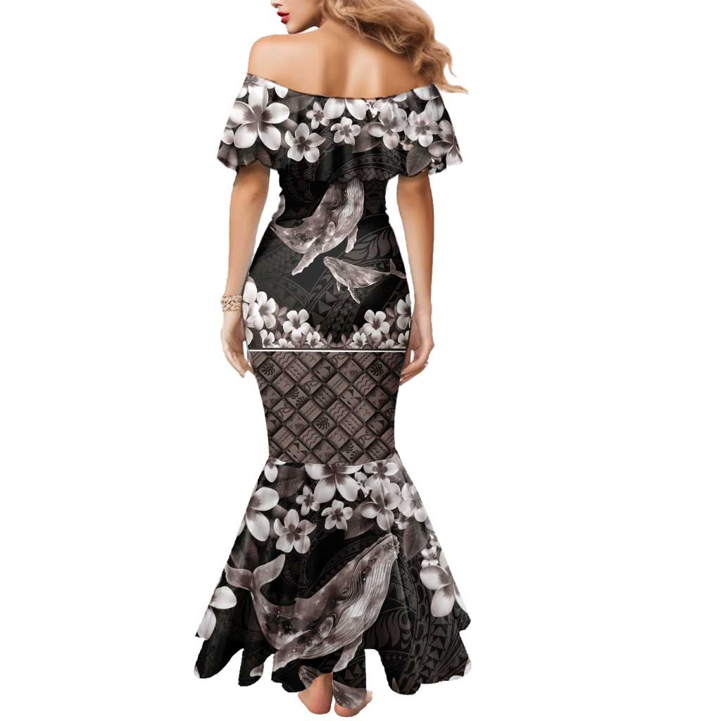 Hawaiian Plumeria and Humpback Whales Family Matching Mermaid Dress and Hawaiian Shirt Polynerian Art Tattoo-Grayscale Mode LT03 - Polynesian Pride