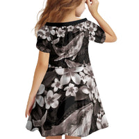 Hawaiian Plumeria and Humpback Whales Family Matching Off The Shoulder Long Sleeve Dress and Hawaiian Shirt Polynerian Art Tattoo-Grayscale Mode