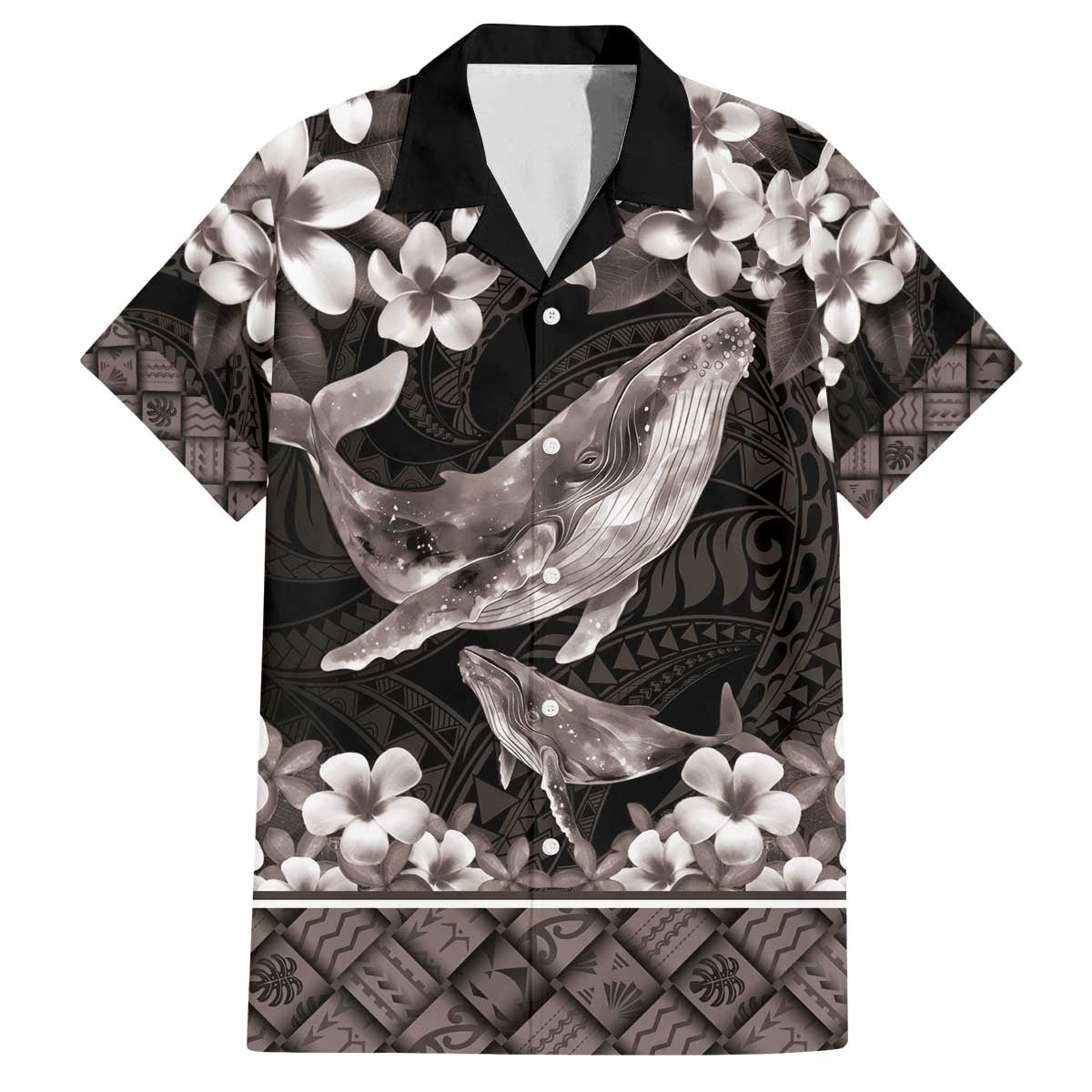 Hawaiian Plumeria and Humpback Whales Family Matching Off The Shoulder Long Sleeve Dress and Hawaiian Shirt Polynerian Art Tattoo-Grayscale Mode