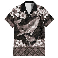 Hawaiian Plumeria and Humpback Whales Family Matching Off The Shoulder Long Sleeve Dress and Hawaiian Shirt Polynerian Art Tattoo-Grayscale Mode