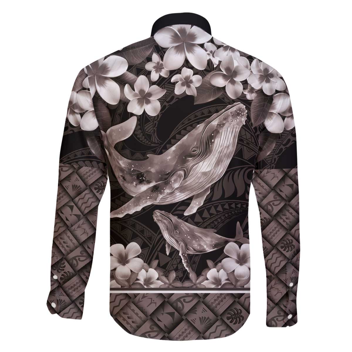 Hawaiian Plumeria and Humpback Whales Family Matching Off The Shoulder Long Sleeve Dress and Hawaiian Shirt Polynerian Art Tattoo-Grayscale Mode