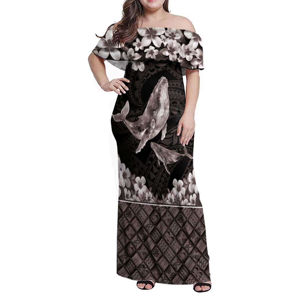 Hawaiian Plumeria and Humpback Whales Family Matching Off Shoulder Maxi Dress and Hawaiian Shirt Polynerian Art Tattoo-Grayscale Mode LT03 Mom's Dress Black - Polynesian Pride