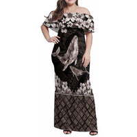 Hawaiian Plumeria and Humpback Whales Family Matching Off Shoulder Maxi Dress and Hawaiian Shirt Polynerian Art Tattoo-Grayscale Mode LT03 Mom's Dress Black - Polynesian Pride