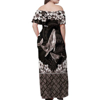 Hawaiian Plumeria and Humpback Whales Family Matching Off Shoulder Maxi Dress and Hawaiian Shirt Polynerian Art Tattoo-Grayscale Mode LT03 - Polynesian Pride