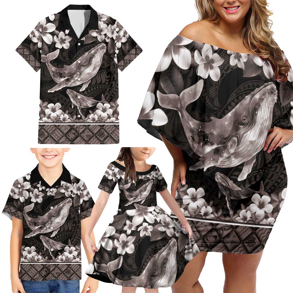 Hawaiian Plumeria and Humpback Whales Family Matching Off Shoulder Short Dress and Hawaiian Shirt Polynerian Art Tattoo-Grayscale Mode