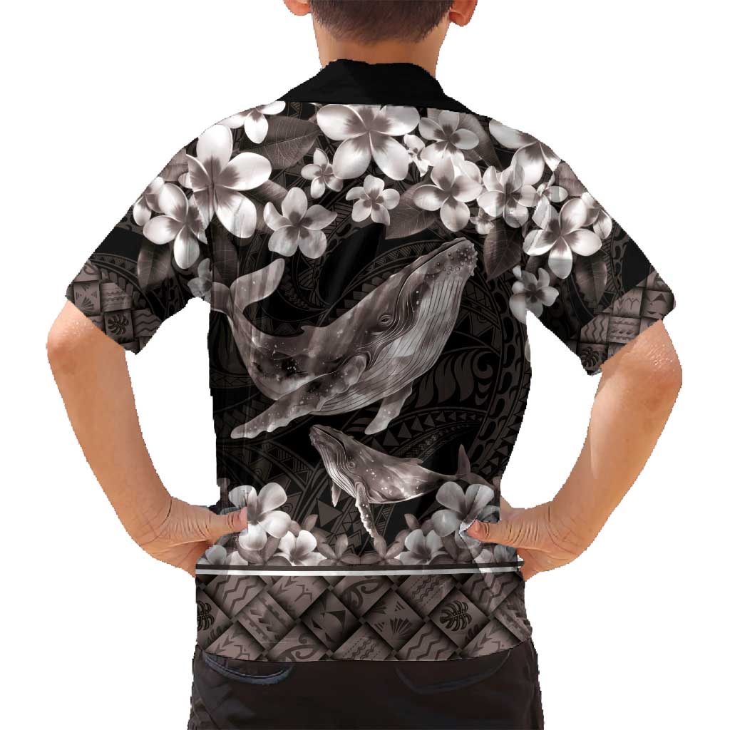 Hawaiian Plumeria and Humpback Whales Family Matching Puletasi and Hawaiian Shirt Polynerian Art Tattoo-Grayscale Mode LT03 - Polynesian Pride