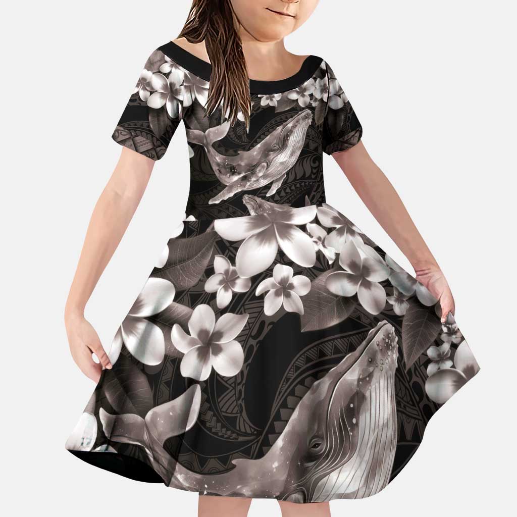 Hawaiian Plumeria and Humpback Whales Family Matching Puletasi and Hawaiian Shirt Polynerian Art Tattoo-Grayscale Mode LT03 Daughter's Dress Black - Polynesian Pride