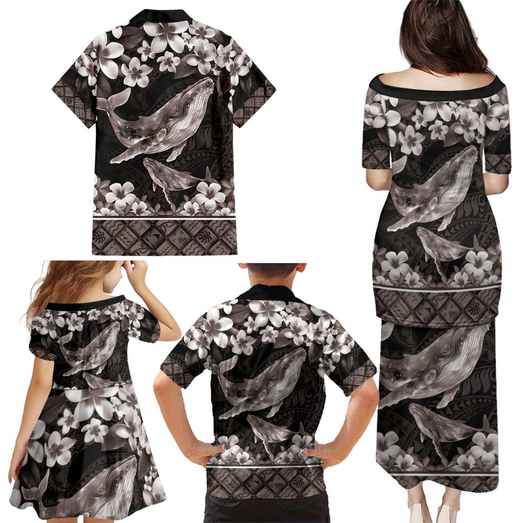 Hawaiian Plumeria and Humpback Whales Family Matching Puletasi and Hawaiian Shirt Polynerian Art Tattoo-Grayscale Mode LT03 - Polynesian Pride