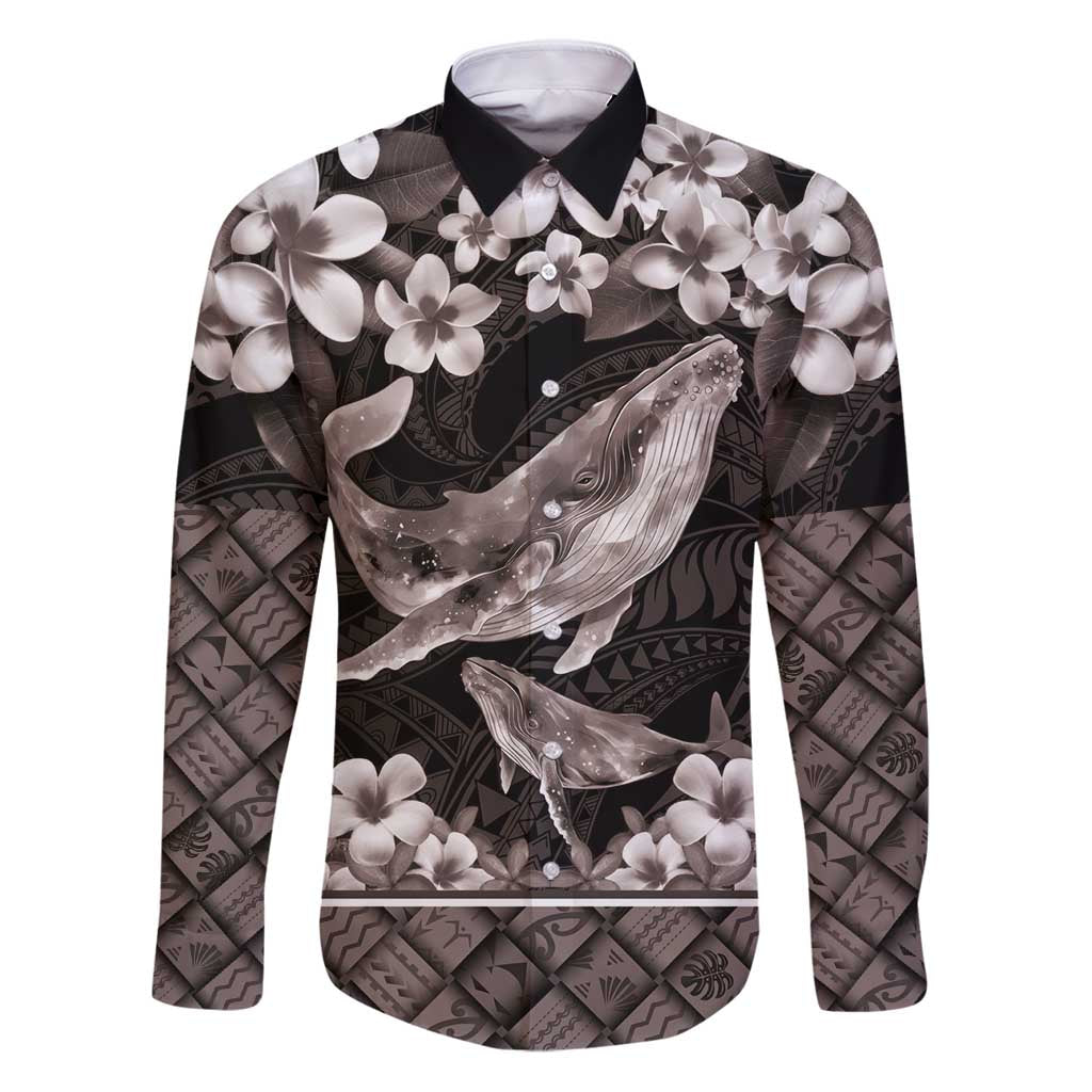 Hawaiian Plumeria and Humpback Whales Family Matching Puletasi and Hawaiian Shirt Polynerian Art Tattoo-Grayscale Mode LT03 Dad's Shirt - Long Sleeve Black - Polynesian Pride