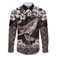 Hawaiian Plumeria and Humpback Whales Family Matching Puletasi and Hawaiian Shirt Polynerian Art Tattoo-Grayscale Mode LT03 Dad's Shirt - Long Sleeve Black - Polynesian Pride