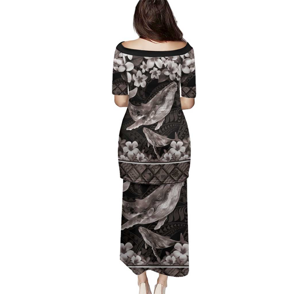 Hawaiian Plumeria and Humpback Whales Family Matching Puletasi and Hawaiian Shirt Polynerian Art Tattoo-Grayscale Mode LT03 - Polynesian Pride
